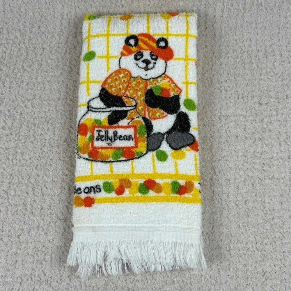 Vintage Leshner Panda Bear Jelly Beans Dish Towel White Orange Retro Decor USA